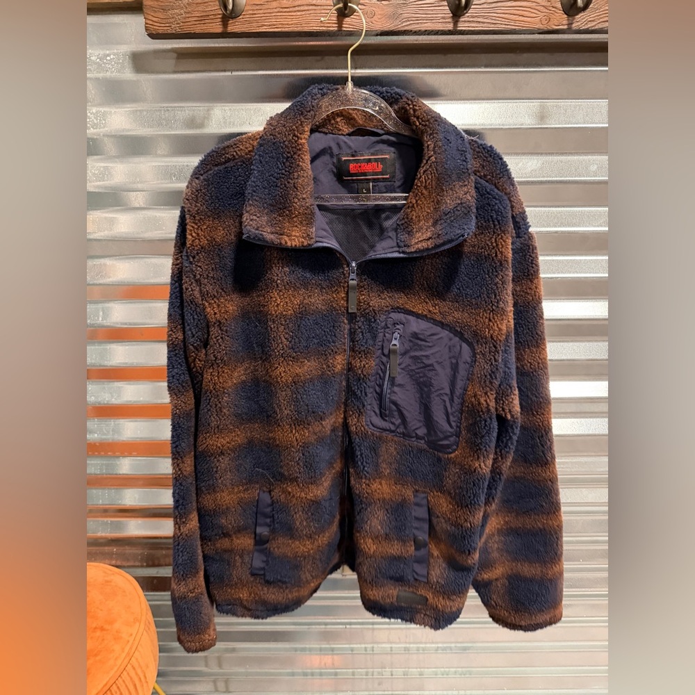 Rock & Roll denim Brown and Navy Plaid Fleece Jacket woman’s size large